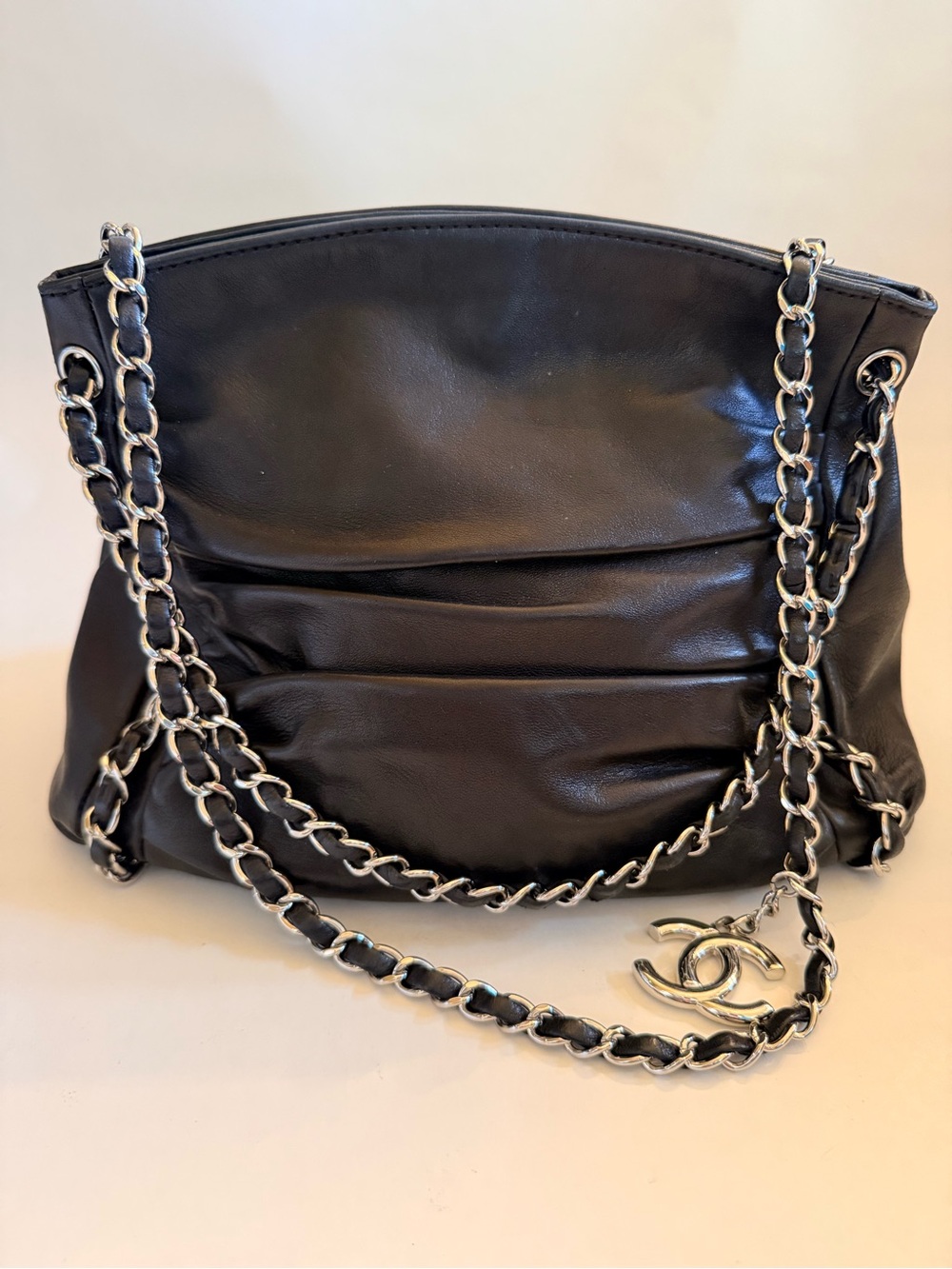 Vintage Chanel Black Leather Pleated Chain Shoulder Bag
